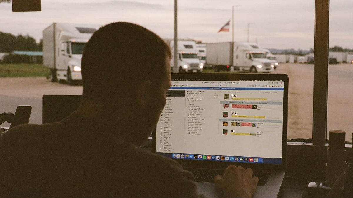 A fleet safety director reviews CDL driver applications on a laptop inside a dispatch office near a Chicago-area truck yard at dusk.